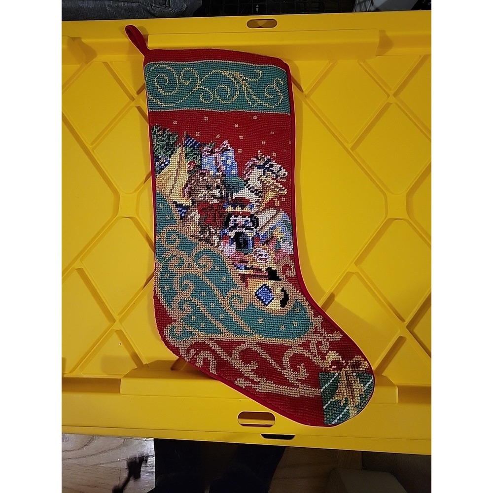 Vintage Wool Christmas Neeflework Stocking Sleigh Toys
